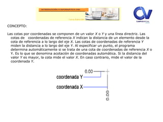CONCEPTO:
Las cotas por coordenadas se componen de un valor X o Y y una línea directriz. Las
cotas de coordenadas de referencia X indican la distancia de un elemento desde la
cota de referencia a lo largo del eje X. Las cotas de coordenadas de referencia Y
miden la distancia a lo largo del eje Y. Al especificar un punto, el programa
determina automáticamente si se trata de una cota de coordenadas de referencia X o
Y. Es lo que se denomina acotación de coordenadas automática. Si la distancia del
valor Y es mayor, la cota mide el valor X. En caso contrario, mide el valor de la
coordenada Y.
 