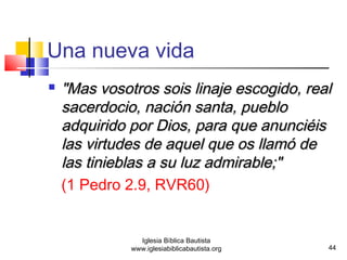  "Mas vvoossoottrrooss ssooiiss lliinnaajjee eessccooggiiddoo,, rreeaall 
ssaacceerrddoocciioo,, nnaacciióónn ssaannttaa,, ppuueebblloo 
aaddqquuiirriiddoo ppoorr DDiiooss,, ppaarraa qquuee aannuunncciiééiiss 
llaass vviirrttuuddeess ddee aaqquueell qquuee ooss llllaammóó ddee 
llaass ttiinniieebbllaass aa ssuu lluuzz aaddmmiirraabbllee;;"" 
(1 Pedro 2.9, RVR60) 
44 
Una nueva vida 
Iglesia Bíblica Bautista 
www.iglesiabiblicabautista.org 
 