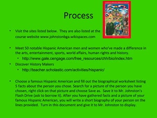 Process
•   Visit the sites listed below. They are also listed at the
    course website www.johnstonbga.wikispaces.com

•   Meet 50 notable Hispanic American men and women who've made a difference in
    the arts, entertainment, sports, world affairs, human rights and history.
     • http://www.gale.cengage.com/free_resources/chh/bio/index.htm
•   Discover History Makers
     • http://teacher.scholastic.com/activities/hispanic/

•   Choose a famous Hispanic American and fill out the biographical worksheet listing
    5 facts about the person you chose. Search for a picture of the person you have
    chosen, right click on that picture and choose Save as. Save it to Mr. Johnston’s
    Flash Drive (ask to borrow it). After you have gathered facts and a picture of your
    famous Hispanic American, you will write a short biography of your person on the
    lines provided. Turn in this document and give it to Mr. Johnston to display.
 