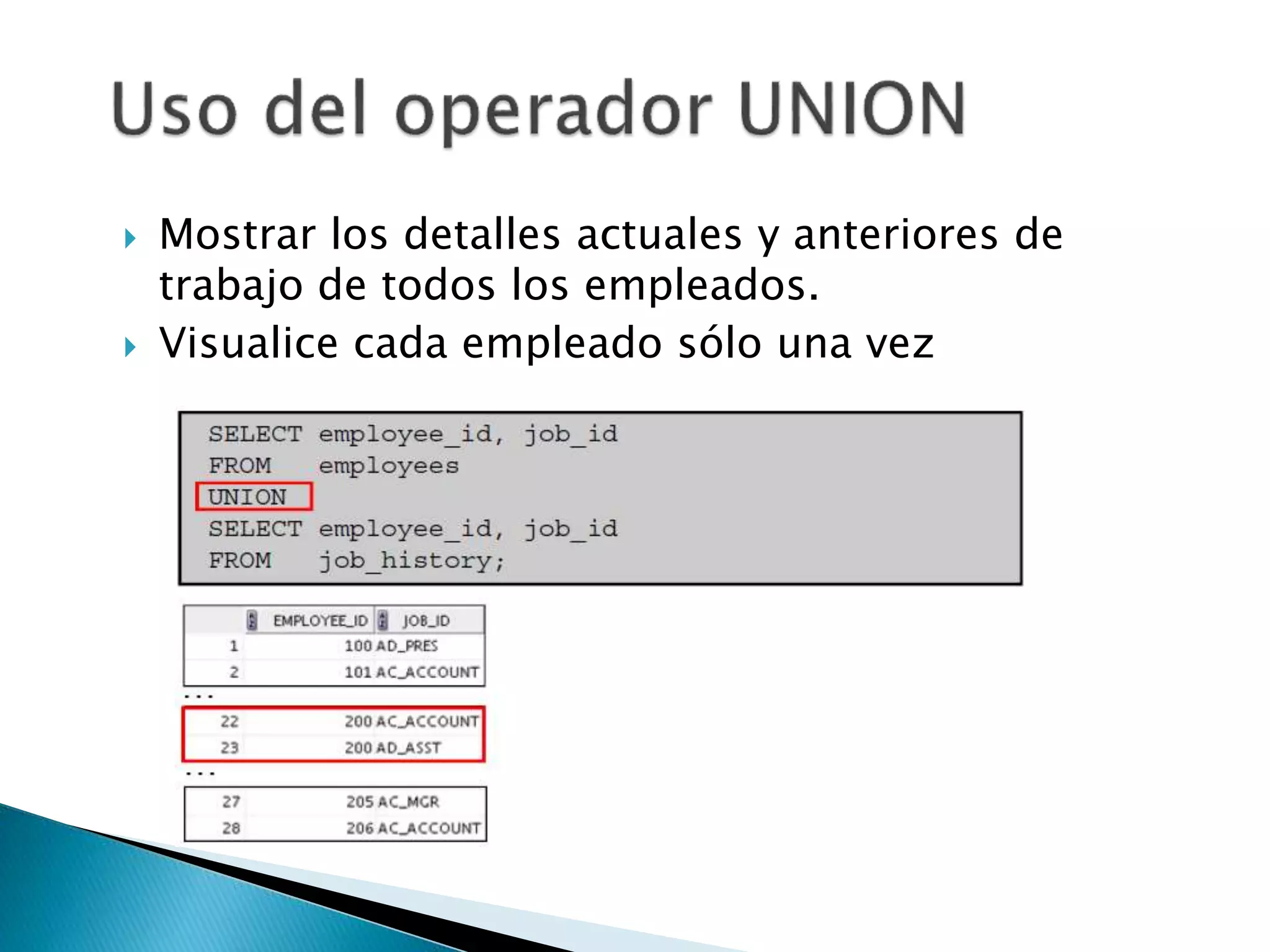  Mostrar los detalles actuales y anteriores de
trabajo de todos los empleados.
 Visualice cada empleado sólo una vez
 