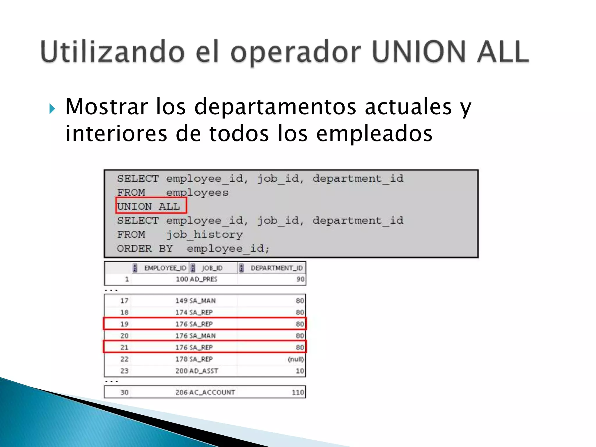  Mostrar los departamentos actuales y
interiores de todos los empleados
 