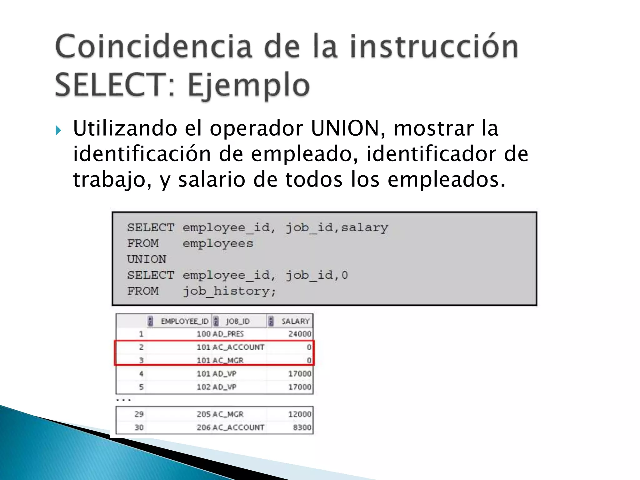  Utilizando el operador UNION, mostrar la
identificación de empleado, identificador de
trabajo, y salario de todos los empleados.
 