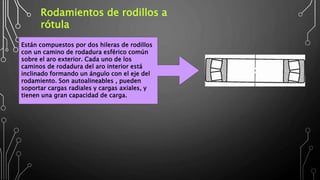 Rodamientos de rodillos a
rótula
Están compuestos por dos hileras de rodillos
con un camino de rodadura esférico común
sobre el aro exterior. Cada uno de los
caminos de rodadura del aro interior está
inclinado formando un ángulo con el eje del
rodamiento. Son autoalineables , pueden
soportar cargas radiales y cargas axiales, y
tienen una gran capacidad de carga.
 