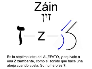 Z
Es la séptima letra del ALEFATO, y equivale a
una Z zumbante, como el sonido que hace una
abeja cuando vuela. Su numero es 7.
 