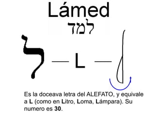 Es la doceava letra del ALEFATO, y equivale
a L (como en Litro, Loma, Lámpara). Su
numero es 30.
L
 