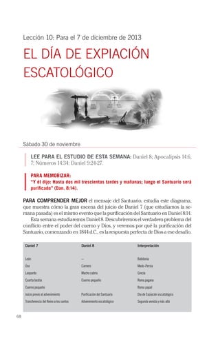 Lección 10: Para el 7 de diciembre de 2013

EL DÍA DE EXPIACIÓN
ESCATOLÓGICO

Sábado 30 de noviembre
LEE PARA EL ESTUDIO DE ESTA SEMANA: Daniel 8; Apocalipsis 14:6,
7; Números 14:34; Daniel 9:24-27.
PARA MEMORIZAR:
“Y él dijo: Hasta dos mil trescientas tardes y mañanas; luego el Santuario será
purificado” (Dan. 8:14).

PARA COMPRENDER MEJOR el mensaje del Santuario, estudia este diagrama,
que muestra cómo la gran escena del juicio de Daniel 7 (que estudiamos la semana pasada) es el mismo evento que la purificación del Santuario en Daniel 8:14.
Esta semana estudiaremos Daniel 8. Descubriremos el verdadero problema del
conflicto entre el poder del cuerno y Dios, y veremos por qué la purificación del
Santuario, comenzando en 1844 d.C., es la respuesta perfecta de Dios a ese desafío.
Daniel 7

Daniel 8

Interpretación

León

--

Babilonia

Oso

Carnero

Medo-Persia

Leopardo

Macho cabrío

Grecia

Cuarta bestia

Cuerno pequeño

Roma pagana

Juicio previo al advenimiento

Purificación del Santuario

Día de Expiación escatológico

Transferencia del Reino a los santos

Advenimiento escatológico

Segunda venida y más allá

Cuerno pequeño

68

Roma papal

 