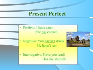 Present Perfect Positiva:  I  have  eaten She  has  cooked Negativa:  You  haven’t  drunk He  hasn’t  run Interrogativa:  Have you read? Has she studied?   