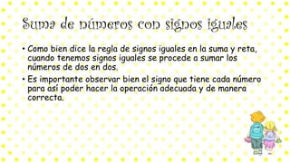 Suma de números con signos iguales
• Como bien dice la regla de signos iguales en la suma y reta,
cuando tenemos signos iguales se procede a sumar los
números de dos en dos.
• Es importante observar bien el signo que tiene cada número
para así poder hacer la operación adecuada y de manera
correcta.
 