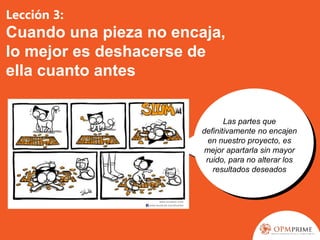 Lección 3:
Cuando una pieza no encaja,
lo mejor es deshacerse de
ella cuanto antes
Las partes que
definitivamente no encajen
en nuestro proyecto, es
mejor apartarla sin mayor
ruido, para no alterar los
resultados deseados
 