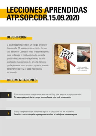El colaborador era parte de un equipo encargado
de acomodar 02 piezas metálicas dentro de una
caja de cartón. Cuando se logró colocar la segunda
pieza en la caja, el colaborador nota que esta
quedo sobrepuesta sobre la primera y decidió
acomodarla manualmente. Es en este momento
que la pieza cae sobre su mano izquierda producto
de la manipulación y su dedo medio queda
aprisionado.
Si necesitas acomodar una pieza que pesa mas de 25 kg, pide apoyo de un equipo mecánico.
No expongas parte de tu cuerpo pensando que solo será un momento.
Trabaja siempre en equipo e informa si algo no se coloco bien o si aún no termina.
Coordina con tu compañero para poder terminar el trabajo de manera segura.
DESCRIPCIÓN
RECOMENDACIONES
LECCIONES APRENDIDAS
ATP.SOP.CDR.15.09.2020
1
2
Intenta mover ambos
repuestos mayor de 70 kg con
el fin de acomodarlos
 