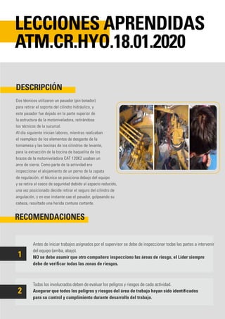 Dos técnicos utilizaron un pasador (pin botador)
para retirar el soporte del cilindro hidráulico, y
este pasador fue dejado en la parte superior de
la estructura de la motoniveladora, retirándose
los técnicos de la sucursal.
Al día siguiente inician labores, mientras realizaban
el reemplazo de los elementos de desgaste de la
tornamesa y las bocinas de los cilindros de levante,
para la extracción de la bocina de baquelita de los
brazos de la motoniveladora CAT 120K2 usaban un
arco de sierra. Como parte de la actividad era
inspeccionar el alojamiento de un perno de la zapata
de regulación, el técnico se posiciona debajo del equipo
y se retira el casco de seguridad debido al espacio reducido,
una vez posicionado decide retirar el seguro del cilindro de
angulación, y en ese instante cae el pasador, golpeando su
cabeza, resultado una herida contuso cortante.
.
Antes de iniciar trabajos asignados por el supervisor se debe de inspeccionar todas las partes a intervenir
del equipo (arriba, abajo).
NO se debe asumir que otro compañero inspecciono las áreas de riesgo, el Líder siempre
debe de verificar todas las zonas de riesgos.
Todos los involucrados deben de evaluar los peligros y riesgos de cada actividad.
Asegurar que todos los peligros y riesgos del área de trabajo hayan sido identificados
para su control y cumplimiento durante desarrollo del trabajo.
DESCRIPCIÓN
RECOMENDACIONES
LECCIONES APRENDIDAS
ATM.CR.HYO.18.01.2020
1
2
 