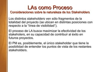 LAs como ProcesoLAs como Proceso
Consideraciones sobre la naturaleza de los StakeholdersConsideraciones sobre la naturaleza de los Stakeholders
Los distintos stakeholders ven sólo fragmentos de la
totalidad del proyecto (se ubican en distintas posiciones con
respecto a la “línea de visibilidad”).
El proceso de LA busca maximizar la efectividad de los
stakeholers, en su capacidad de contribuir al éxito en
futuros proyectos.
El PM es, posiblemente, el único stakeholder que tiene la
posibilidad de entender los puntos de vista de los restantes
stakeholders.
 