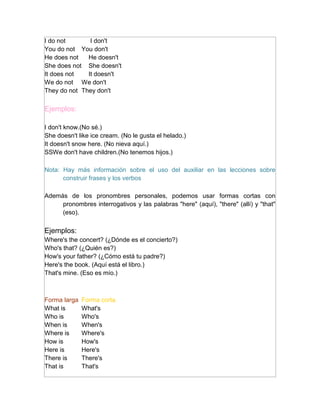 I do not       I don't
You do not You don't
He does not   He doesn't
She does not She doesn't
It does not   It doesn't
We do not We don't
They do not They don't

Ejemplos:

I don't know.(No sé.)
She doesn't like ice cream. (No le gusta el helado.)
It doesn't snow here. (No nieva aquí.)
SSWe don't have children.(No tenemos hijos.)

Nota: Hay más información sobre el uso del auxiliar en las lecciones sobre
      construir frases y los verbos

Además de los pronombres personales, podemos usar formas cortas con
     pronombres interrogativos y las palabras "here" (aquí), "there" (allí) y "that"
     (eso).

Ejemplos:
Where's the concert? (¿Dónde es el concierto?)
Who's that? (¿Quién es?)
How's your father? (¿Cómo está tu padre?)
Here's the book. (Aquí está el libro.)
That's mine. (Eso es mío.)



Forma larga   Forma corta
What is       What's
Who is        Who's
When is       When's
Where is      Where's
How is        How's
Here is       Here's
There is      There's
That is       That's
 