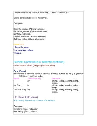 The plane does not [doesn't] arrive today. (El avión no llega hoy.)

Se usa para instruciones (el imperativo).

Ejemplos:

Open the window. (Abre la ventana.)
Eat the vegetables. (Come las verduras.)
Don't cry. (No llores.)
Do your homework. (Haz los deberes.)
Call your mother. (Llama a tu madre.)

EXAMPLES:
*Open the door.
*I am always patient.
*I listen.



Present Continuous (Presente continuo)
Grammatical Rules (Reglas gramaticales)

Form (Forma)
Para formar el presente continuo se utiliza el verbo auxiliar "to be" y el gerundio
      (infinitivo + "-ing") del verbo.
Sujeto            Auxiliar (to be)          Gerundio
I                 am                        talking, eating, learning, doing,
                                            going...
He, She, It       is                        talking, eating, learning, doing,
                                            going...
You, We, They are                           talking, eating, learning, doing,
                                            going...

Structure (Estructura)
Affirmative Sentences (Frases afirmativas)

Ejemplos:
I'm talking. (Estoy hablando.)
He's eating. (Está comiendo.)
 