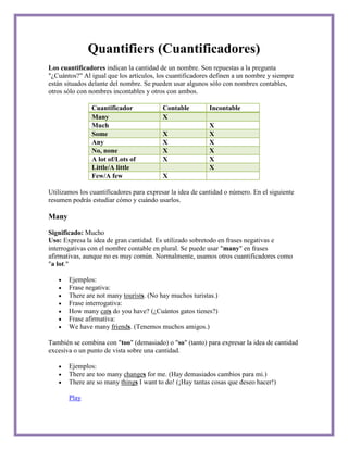 Quantifiers (Cuantificadores)
Los cuantificadores indican la cantidad de un nombre. Son repuestas a la pregunta
"¿Cuántos?" Al igual que los artículos, los cuantificadores definen a un nombre y siempre
están situados delante del nombre. Se pueden usar algunos sólo con nombres contables,
otros sólo con nombres incontables y otros con ambos.

               Cuantificador             Contable          Incontable
               Many                      X
               Much                                        X
               Some                      X                 X
               Any                       X                 X
               No, none                  X                 X
               A lot of/Lots of          X                 X
               Little/A little                             X
               Few/A few                 X

Utilizamos los cuantificadores para expresar la idea de cantidad o número. En el siguiente
resumen podrás estudiar cómo y cuándo usarlos.

Many

Significado: Mucho
Uso: Expresa la idea de gran cantidad. Es utilizado sobretodo en frases negativas e
interrogativas con el nombre contable en plural. Se puede usar "many" en frases
afirmativas, aunque no es muy común. Normalmente, usamos otros cuantificadores como
"a lot."

       Ejemplos:
       Frase negativa:
       There are not many tourists. (No hay muchos turistas.)
       Frase interrogativa:
       How many cats do you have? (¿Cuántos gatos tienes?)
       Frase afirmativa:
       We have many friends. (Tenemos muchos amigos.)

También se combina con "too" (demasiado) o "so" (tanto) para expresar la idea de cantidad
excesiva o un punto de vista sobre una cantidad.

       Ejemplos:
       There are too many changes for me. (Hay demasiados cambios para mi.)
       There are so many things I want to do! (¡Hay tantas cosas que deseo hacer!)

       Play
 