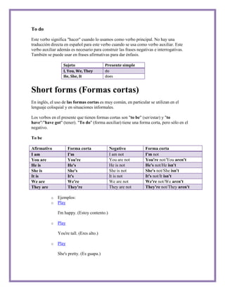 To do

Este verbo significa "hacer" cuando lo usamos como verbo principal. No hay una
traducción directa en español para este verbo cuando se usa como verbo auxiliar. Este
verbo auxiliar además es necesario para construir las frases negativas e interrogativas.
También se puede usar en frases afirmativas para dar énfasis.

                  Sujeto                   Presente simple
                  I, You, We, They         do
                  He, She, It              does


Short forms (Formas cortas)
En inglés, el uso de las formas cortas es muy común, en particular se utilizan en el
lenguaje coloquial y en situaciones informales.

Los verbos en el presente que tienen formas cortas son "to be" (ser/estar) y "to
have"/"have got" (tener). "To do" (forma auxiliar) tiene una forma corta, pero sólo en el
negativo.

To be

Afirmativo            Forma corta             Negativo            Forma corta
I am                  I'm                     I am not            I'm not
You are               You're                  You are not         You're not/You aren't
He is                 He's                    He is not           He's not/He isn't
She is                She's                   She is not          She's not/She isn't
It is                 It's                    It is not           It's not/It isn't
We are                We're                   We are not          We're not/We aren't
They are              They're                 They are not        They're not/They aren't

           o   Ejemplos:
           o   Play

               I'm happy. (Estoy contento.)

           o   Play

               You're tall. (Eres alto.)

           o   Play

               She's pretty. (Es guapa.)
 
