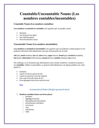 Countable/Uncountable Nouns (Los
         nombres contables/incontables)
Countable Nouns (Los nombres contables)

Los nombres o sustantivos contables son aquellos que se pueden contar.

        Ejemplos:
        one [a] pencil (un lápiz)
        two cats (dos gatos)
        three houses (tres casas)

Uncountable Nouns (Los nombres incontables)

Los nombres o sustantivos incontables son aquellos que no podemos contar porque no los
podemos delimitar individualmente sino que forman parte de un todo.

salt (sal), wood (madera), tea (té), wine (vino), sugar (azúcar), bread (pan), furniture (muebles),
hair (pelo), information (información), money (dinero), weather (tiempo), rice (arroz)

Sin embargo, en el momento que delimitamos estos mismo nombres o sustantivos pasan a
ser contables. Deben ir precedidos, si quieren individualizarse, de alguna palabra con valor
partitivo:

        Ejemplos:
        a gram of salt (un gramo de sal)
        a piece of wood (un trozo de madera)
        two cups of tea (dos tazas de té)
        three glasses of wine (tres vasos de vino)

        Play

                      Grammatical Rules (Reglas gramaticales)

    1. Nombres contables tienen una forma plural:
          o Ejemplos:
          o egg/eggs (huevo/s)
          o bicycle/bicycles (bicicleta/s)
          o dress/dresses (vestido/s)
          o rice (arroz)
          o rices
          o milk (leche)
          o milks
 