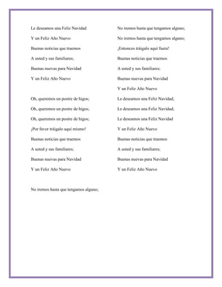 Le deseamos una Feliz Navidad          No iremos hasta que tengamos alguno;

Y un Feliz Año Nuevo                   No iremos hasta que tengamos alguno;

Buenas noticias que traemos            ¡Entonces tráigalo aquí fuera!

A usted y sus familiares;              Buenas noticias que traemos

Buenas nuevas para Navidad             A usted y sus familiares;

Y un Feliz Año Nuevo                   Buenas nuevas para Navidad

                                       Y un Feliz Año Nuevo

Oh, queremos un postre de higos;       Le deseamos una Feliz Navidad;

Oh, queremos un postre de higos;       Le deseamos una Feliz Navidad;

Oh, queremos un postre de higos;       Le deseamos una Feliz Navidad

¡Por favor tráigalo aquí mismo!        Y un Feliz Año Nuevo

Buenas noticias que traemos            Buenas noticias que traemos

A usted y sus familiares;              A usted y sus familiares;

Buenas nuevas para Navidad             Buenas nuevas para Navidad

Y un Feliz Año Nuevo                   Y un Feliz Año Nuevo



No iremos hasta que tengamos alguno;
 