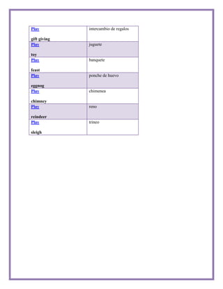Play          intercambio de regalos

gift giving
Play          juguete

toy
Play          banquete

feast
Play          ponche de huevo

eggnog
Play          chimenea

chimney
Play          reno

reindeer
Play          trineo

sleigh
 
