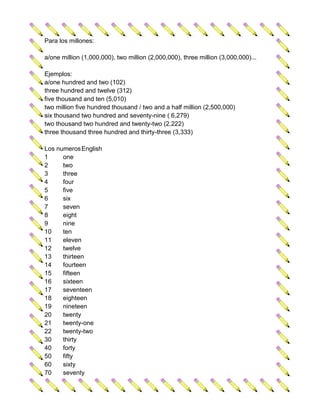 Para los millones:

a/one million (1,000,000), two million (2,000,000), three million (3,000,000)...

Ejemplos:
a/one hundred and two (102)
three hundred and twelve (312)
five thousand and ten (5,010)
two million five hundred thousand / two and a half million (2,500,000)
six thousand two hundred and seventy-nine ( 6,279)
two thousand two hundred and twenty-two (2,222)
three thousand three hundred and thirty-three (3,333)

Los numeros English
1     one
2     two
3     three
4     four
5     five
6     six
7     seven
8     eight
9     nine
10    ten
11    eleven
12    twelve
13    thirteen
14    fourteen
15    fifteen
16    sixteen
17    seventeen
18    eighteen
19    nineteen
20    twenty
21    twenty-one
22    twenty-two
30    thirty
40    forty
50    fifty
60    sixty
70    seventy
 