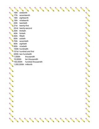 16th sixteenth
17th seventeenth
18th eighteenth
19th nineteenth
20th twentieth
21st twenty-first
22nd twenty-second
30th thirtieth
40th fortieth
50th fiftieth
60th sixtieth
70th seventieth
80th eightieth
90th ninetieth
100th hundredth
101st hundred and first
200th two hundredth
1,000th       thousandth
10,000th      ten thousandth
100,000th hundred thousandth
1,000,000th millionth
 