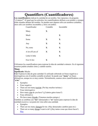 Quantifiers (Cuantificadores)
Los cuantificadores indican la cantidad de un nombre. Son repuestas a la pregunta
"¿Cuántos?" Al igual que los artículos, los cuantificadores definen a un nombre y siempre
están situados delante del nombre. Se pueden usar algunos sólo con nombres contables,
otros sólo con nombres incontables y otros con ambos.
               Cuantificador              Contable         Incontable

              Many                      X

              Much                                        X

              Some                      X                 X

              Any                       X                 X

              No, none                  X                 X

              A lot of/Lots of          X                 X

              Little/A little                             X

              Few/A few                 X

Utilizamos los cuantificadores para expresar la idea de cantidad o número. En el siguiente
resumen podrás estudiar cómo y cuándo usarlos.
Many
Significado: Mucho
Uso: Expresa la idea de gran cantidad. Es utilizado sobretodo en frases negativas e
interrogativas con el nombre contable en plural. Se puede usar "many" en frases
afirmativas, aunque no es muy común. Normalmente, usamos otros cuantificadores como
"a lot."
         Ejemplos:
         Frase negativa:
         There are not many tourists. (No hay muchos turistas.)
         Frase interrogativa:
         How many cats do you have? (¿Cuántos gatos tienes?)
         Frase afirmativa:
         We have many friends. (Tenemos muchos amigos.)
También se combina con "too" (demasiado) o "so" (tanto) para expresar la idea de
cantidad excesiva o un punto de vista sobre una cantidad.
         Ejemplos:
         There are too many changes for me. (Hay demasiados cambios para mi.)
         There are so many things I want to do! (¡Hay tantas cosas que deseo hacer!)
         Play
 