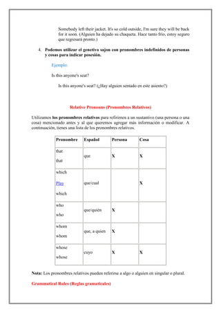 Somebody left their jacket. It's so cold outside, I'm sure they will be back
              for it soon. (Alguien ha dejado su chaqueta. Hace tanto frío, estoy seguro
              que regresará pronto.)

   4. Podemos utilizar el genetivo sajon con pronombres indefinidos de personas
      y cosas para indicar posesión.

           Ejemplo:

           Is this anyone's seat?

              Is this anyone's seat? (¿Hay alguien sentado en este asiento?)



                      Relative Pronouns (Pronombres Relativos)

Utilizamos los pronombres relativos para refirirnos a un sustantivo (una persona o una
cosa) mencionado antes y al que queremos agregar más información o modificar. A
continuación, tienes una lista de los pronombres relativos.

             Pronombre        Español        Persona         Cosa

             that
                              que            X               X
             that

             which

             Play             que/cual                       X

             which

             who
                              que/quién      X
             who

             whom
                              que, a quien   X
             whom

             whose
                              cuyo           X               X
             whose


Nota: Los pronombres relativos pueden referirse a algo o alguien en singular o plural.

Grammatical Rules (Reglas gramaticales)
 