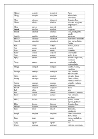 Skinny    skinnier    skinniest    flaco
Sleepy    sleepier    sleepiest    adormilado,
                                   soñoliento
Slim      slimmer     slimmest     delgado, fino
Slimy     slimier     slimiest     viscoso, pegajoso,
                                   empalagoso
Slow      slower      slowest      lento
Small     smaller     smallest     pequeño
Smart     smarter     smartest     listo, inteligente,
                                   agudo
Smelly    smellier    smelliest    apestoso
Smoky     smokier     smokiest     humeante, ahumado
Smooth    smoother    smoothest    liso, suave, llano,
                                   fluido
Soft      softer      softest      blando, suave
Son       sooner      soonest      pronto
Sore      sorer       sorest       dolorido
Sorry     sorrier     sorriest     lamentable
Sour      sourer      sourest      agrio, ácido
Spicy     spicier     spiciest     picante, especiado,
                                   sazonado
Steep     steeper     steepest     empinado,
                                   pronunciado
Stingy    stingier    stingiest    tacaño, rácano,
                                   raquítico
Strange   stranger    strangest    raro, extraño,
                                   desconocido
Strict    stricter    strictest    estricto, rígido
Strong    stronger    strongest    fuerte, sólido,
                                   intenso, marcado
Sunny     sunnier     sunniest     soleado, radiante
Sweaty    sweatier    sweatiest    sudoroso
Sweet     sweeter     sweetest     dulce
Tall      taller      tallest      alto
Tan       tanner      tannest      bronceado, moreno
Tasty     tastier     tastiest     rico, sabroso,
                                   apetitoso
Thick     thicker     thickest     grueso, denso,
                                   espeso, poblado
Thin      thinner     thinnest     delgado, fino
Thirsty   thirstier   thirstiest   sediento
Tiny      tinier      tiniest      diminuto,
                                   minúsculo
Tough     tougher     toughest     fuerte, resistente,
                                   duro, difícil
True      truer       truest       cierto, verdadero,
                                   leal, fiel
Ugly      uglier      ugliest      feo
Warm      warmer      warmest      caliente, templado,
 