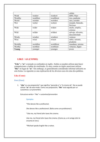 cálido
Weak                   weaker                    weakest                débil, flojo
Wealthy                wealthier                 wealthiest             rico, pudiente
Weird                  weirder                   weirdest               raro, extraño
Wet                    wetter                    wettest                mojado, húmedo,
                                                                        lluvioso
Wide                   wider                     widest                 ancho, amplio,
                                                                        extenso
Wild                   wilder                    wildest                salvaje, silvestre,
                                                                        descontrolado
Windy                  windier                   windiest               ventoso
Wise                   wiser                     wisest                 sabio, sensato,
                                                                        prudente
Worldly                worldlier                 worldliest             mundano, terreno
Worthy                 worthier                  worthiest              virtuoso, digno
Young                  younger                   younges                joven




   LIKE / AS (COMO)
"Like" y "as" a menudo se confunden en inglés. Ambos se pueden utilizar para hacer
comparaciones o hablar de similitudes. Es muy común en inglés americano utilizar
"like" en lugar de "as". Sin embargo, es generalmente considerado informal utilizarlo en
esta forma. La siguiente es una explicación de los diversos usos de estas dos palabras.

Like (Como)

Uses (Usos)

   1. "Like" es una preposición" que significa "parecido a" o "lo mismo de". No se puede
      utilizar "as" de este modo. Como una preposición, "like" está seguida por un
      sustantivo o un pronombre.

        Estructura verbo + "like" + sustantivo/pronombre

               Ejemplos:

               *She dances like a professinal.

               She dances like a professional. (Baila como una profesional.)

               *Like me, my friend John loves the cinema.

               Like me, my friend John loves the cinema. (Como yo, a mi amigo John le
               encanta el cine.)

               *Michael speaks English like a native.
 