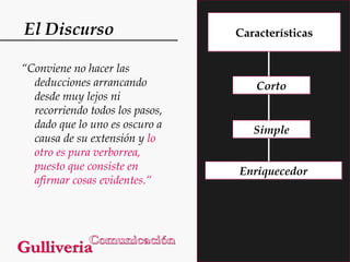 El Discurso
“Conviene no hacer las
deducciones arrancando
desde muy lejos ni
recorriendo todos los pasos,
dado que lo uno es oscuro a
causa de su extensión y lo
otro es pura verborrea,
puesto que consiste en
afirmar cosas evidentes.“

Características

Corto

Simple
Enriquecedor

 