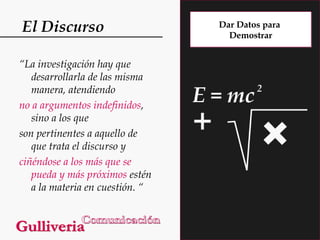 El Discurso
“La investigación hay que
desarrollarla de las misma
manera, atendiendo
no a argumentos indefinidos,
sino a los que
son pertinentes a aquello de
que trata el discurso y
ciñéndose a los más que se
pueda y más próximos estén
a la materia en cuestión. “

Dar Datos para
Demostrar

 
