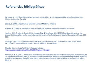 Referencias bibliográficas
Barrow H.S. (1973) Problem based learning in medicine. M.P. Programmed faculty of medicine. Mc.
Master University. Canada
Coeiro, E. (2005). Informática Médica. Manual Moderno. México
Estévez, A. (1990) La enseñanza clínica al lado del enfermo. Editorial Universitaria. Chile.
Harden, R.M, Crosby, J., Davis, M.H., Howie, P.W. & Struthers, A.D. (2000) Task-based learning: the
answer to integration and problem-based learning in the clinical years. Medical Education, 34, pp. 335-
336.
Ilizástigui F. (2000). El Método Clínico: Muerte y resurrección. Rev Cubana Educ Med Super 2000;
14(2):109-27 Instituto Superior de Ciencias Médicas de La Habana.
Moodle Docs en Español (2015). Recuperado de:
https://docs.moodle.org/all/es/P%C3%A1gina_Principal
Ramírez, L. N. L. (2011). Propuesta de intervención educativa: Diseño instruccional para el desarrollo de
un software educativo para la enseñanza del razonamiento médico, para obtener el grado de maestría
en comunicación y tecnologías educativas. Instituto Latinoamericano de la Comunicación Educativa.
México
 