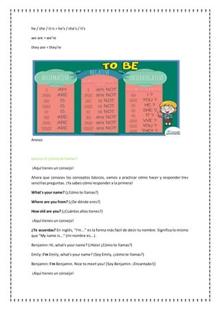 he / she / it is = he's / she's / it's
we are = we're
they are = they're
Anexo
Leccion3 ¿Cómote llamas?
¡Aquí tienes un consejo!
Ahora que conoces los conceptos básicos, vamos a practicar cómo hacer y responder tres
sencillas preguntas. ¡Ya sabes cómo responder a la primera!
What's your name? (¿Cómo te llamas?)
Where are you from? (¿De dónde eres?)
How old are you? (¿Cuántos años tienes?)
¡Aquí tienes un consejo!
¿Te acuerdas? En inglés, "I'm..." es la forma más fácil de decir tu nombre. Significa lo mismo
que "My name is..." (mi nombre es...).
Benjamin: Hi, what's your name? (¡Hola! ¿Cómo te llamas?)
Emily: I'm Emily, what's your name? (Soy Emily, ¿cómo te llamas?)
Benjamin: I'm Benjamin. Nice to meet you! (Soy Benjamin. ¡Encantado!))
¡Aquí tienes un consejo!
 