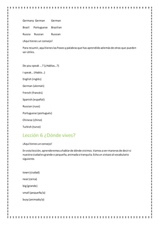 Germany German German
Brazil Portuguese Brazilian
Russia Russian Russian
¡Aquí tienes un consejo!
Para resumir,aquítieneslasfrasesypalabrasque has aprendidoademásde otras que pueden
ser útiles.
Do you speak ...? (¿Hablas…?)
I speak… (Hablo…)
English (inglés)
German (alemán)
French (francés)
Spanish (español)
Russian (ruso)
Portuguese (portugués)
Chinese (chino)
Turkish (turco)
Lección 6 ¿Dónde vives?
¡Aquítienesunconsejo!
En estalección,aprenderemosahablarde dónde vivimos.Vamosavermanerasde decirsi
nuestraciudadesgrande o pequeña,animadaotranquila.Echaun vistazoal vocabulario
siguiente.
town(ciudad)
near(cerca)
big(grande)
small (pequeño/a)
busy(animado/a)
 