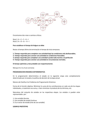 Encontramos dos rutas o caminos críticos:

Ruta 1: A – C – F – H – I
Ruta 2: A – D – G – H – I

Para establecer el tiempo de holgura se debe

Restar al tiempo último de terminación el tiempo de inicio temprano

1. Tiempo requerido para completar una actividad bajo las condiciones más desfavorables.
2. Tiempo requerido para concluir una actividad en condiciones favorables
3. tiempo requerido para completar una actividad cuando todo marcha a la perfección
4. Tiempo requerido para concluir una actividad en circunstancias normales.

El tiempo optimista y más probable son respectivamente:

Marque D si 3 y 4 son correctas

PROGRAMACION DINAMICA DETERMINISTICA

En la programación determinística el estado en la siguiente etapa esta completamente
determinado por el estado y la política de decisión de la etapa actual.

Manera de Clasificar los Problemas de Programación Dinámica:

Forma de la función objetiva. Minimizar la suma de las contribuciones en cada una de las etapas
individuales, o maximizar esa suma, o bien minimizar el producto de los términos, etc.

Naturaleza del conjunto de estados en las respectivas etapas. Los estados si pueden estar
representados por:

1. Una variable discreta
2. Una variable de estado Continua
3. O un vector de estado (más de una variable)

EJEMPLO PROTOTIPO
 