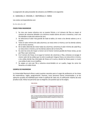 La asignación de cada proveedor de celulares ara COMCEL es la siguiente:

A – SAMSUNG, B – ERICSON, C – MOTOROLA, D – NOKIA

Los costos correspondientes son:

5 + 5 + 11 + 5 = 17

PASOS PARA MAXIMIZAR

    1. Se crea una nueva columna con un puesto ficticio, si el número de filas es mayor al
       número de columnas dándole a la columna creada valores de cero o viceversa, crear una
       fila dándole a toda esta valores de cero.
    2. Se selecciona el valor más grande de toda la tabla y lo resto a los demás valores y en si
       mismo.
    3. Tomo el valor mínimo de cada columna y se resta entre si mismo y con los demás valores
       de la misma columna.
    4. De la tabla obtenida de restar todas las columnas, tomamos el valor mínimo de cada fila y
       se resta entre si mismo y con los demás valores de la misma fila.
    5. Se unen los ceros de mayor a menor con el menor número posible de líneas rectas, ya sea
       por filas o por columnas.
    6. Si el número de líneas no es igual al número de columnas o filas, entonces se escoge el
       menor valor de las celdas que no este cruzada por ninguna línea y se resta entre si mismo,
       a las celdas donde hay intercepto de líneas se le suma y donde las líneas pasan o cruzan
       una celda el valor no se modifica.
    7. Se asigna un cero por fila y columna encerrándolo en un cuadro, luego los ceros los
       llevamos a la tabla inicial.

EJEMPLO DE MAXIMIZAR

La Universidad Nacional ofrece cuatro puestos vacantes para el cargo de profesores en las áreas
de matemáticas, inglés, programación, finanzas, cinco personas fueron entrevistadas y se les
aplicaron pruebas de habilidad para medir la aptitud de cada una; la calificación máxima de esta
prueba es (0). Indicar las personas que se elegirán y los puestos que se les asigna.
 