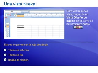 Una vista nueva Para ver la nueva vista, haga clic en  Vista Diseño de página  en la barra de herramientas  Vista               .            Títulos de columna. Títulos de fila. Reglas de margen. Esto es lo que verá en la hoja de cálculo: 