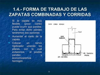 1.4.- FORMA DE TRABAJO DE LAS
ZAPATAS COMBINADAS Y CORRIDAS
    Si la zapata es muy
    flexible   (poco    canto)
    puede ocurrir que pandee.
    Para evitar dicho pandeo
    tendremos dos opciones:
   Aumentar el canto de la
    zapata.
   Colocar      un     nervio
    rigidizador uniendo los
    pilares, con lo cual
    evitaremos      el posible
    pandeo                   y
    economizaremos
    hormigón.



                                 11
 