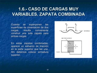 1.6.- CASO DE CARGAS MUY
VARIABLES. ZAPATA COMBINADA

Cuando se superponen las
superficies de cimentación de dos
cargas,     resulta   conveniente
construir una sola zapata para
ambas cargas.

En estas zapatas combinadas,
aparece un esfuerzo de tracción
en la parte superior que las une.
Ahí debemos colocar armadura
superior.




                               18
 