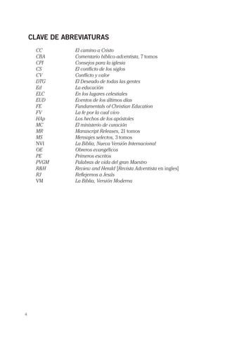 4
CLAVE DE ABREVIATURAS
CC	 El camino a Cristo
CBA	 Comentario bíblico adventista, 7 tomos
CPI	 Consejos para la iglesia
CS	 El conflicto de los siglos
CV	 Conflicto y valor
DTG	 El Deseado de todas las gentes
Ed	 La educación
ELC	 En los lugares celestiales
EUD	 Eventos de los últimos días
FE	 Fundamentals of Christian Education
FV	 La fe por la cual vivo
HAp	 Los hechos de los apóstoles
MC	 El ministerio de curación
MR	 Manuscript Releases, 21 tomos
MS	 Mensajes selectos, 3 tomos
NVI	 La Biblia, Nueva Versión Internacional
OE	 Obreros evangélicos
PE	 Primeros escritos
PVGM	 Palabras de vida del gran Maestro
R&H	 Review and Herald [Revista Adventista en ingles]
RJ	 Reflejemos a Jesús
VM	 La Biblia, Versión Moderna
 