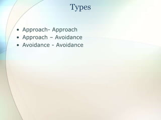 Types
• Approach- Approach
• Approach – Avoidance
• Avoidance - Avoidance
 