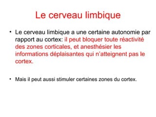 Le cerveau limbique Le cerveau limbique a une certaine autonomie par rapport au cortex:  il peut bloquer toute réactivité des zones corticales, et anesthésier les informations déplaisantes qui n’atteignent pas le cortex. Mais il peut aussi stimuler certaines zones du cortex.  