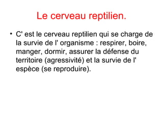 Le cerveau reptilien. C' est le cerveau reptilien qui se charge de la survie de l' organisme : respirer, boire, manger, dormir, assurer la défense du territoire (agressivité) et la survie de l' espèce (se reproduire).   
