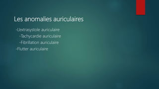 Les anomalies auriculaires
-L’extrasystole auriculaire
-Tachycardie auriculaire
-Fibrillation auriculaire
-Flutter auriculaire
 