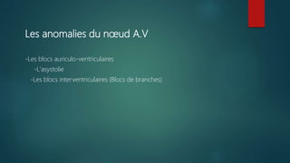 Les anomalies du nœud A.V
-Les blocs auriculo-ventriculaires
-L'asystolie
-Les blocs interventriculaires (Blocs de branches)
 