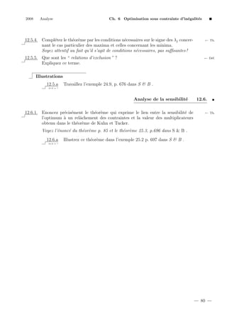 2008

Analyse

Ch. 6 Optimisation sous contrainte d’in´galit´s
e
e

12.5.4. Compl´tez le th´or`me par les conditions n´cessaires sur le signe des λj concere
e e
e
nant le cas particulier des maxima et celles concernant les minima.
Soyez attentif au fait qu’il s’agit de conditions n´cessaires, pas suﬃsantes !
e

← Th.

12.5.5. Que sont les “ relations d’exclusion ” ?
Expliquez ce terme.

← D´f.
e

Illustrations
12.5.a

Travaillez l’exemple 24.9, p. 676 dans S & B .

2+2 = ?

Analyse de la sensibilit´
e
12.6.1. Enoncez pr´cis´ment le th´or`me qui exprime le lien entre la sensibilit´ de
e e
e e
e
l’optimum ` un relˆchement des contraintes et la valeur des multiplicateurs
a
a
obtenu dans le th´or`me de Kuhn et Tucker.
e e

12.6.
← Th.

Voyez l’´nonc´ du th´or`me p. 85 et le th´or`me 25.3, p.696 dans S & B .
e
e
e e
e e
12.6.a

Illustrez ce th´or`me dans l’exemple 25.2 p. 697 dans S & B .
e e

2+2 = ?

80

 