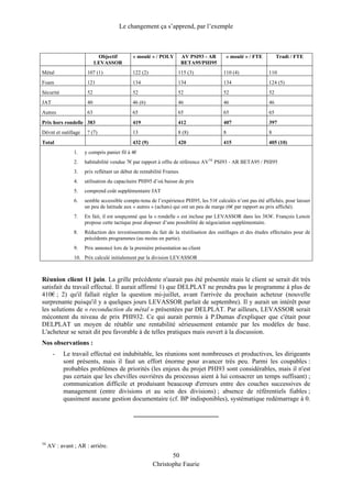 Le changement ça s’apprend, par l’exemple
Objectif
LEVASSOR
« moulé » / POLY AV PSI93 - AR
BETA95/PHI95
« moulé » / FTE Tradi / FTE
Métal 107 (1) 122 (2) 115 (3) 110 (4) 110
Foam 121 134 134 134 124 (5)
Sécurité 52 52 52 52 52
JAT 40 46 (6) 46 46 46
Autres 63 65 65 65 65
Prix hors rondelle 383 419 412 407 397
Dévnt et outillage ? (7) 13 8 (8) 8 8
Total 432 (9) 420 415 405 (10)
1. y compris panier fil à 4€
2. habitabilité vendue 7€ par rapport à offre de référence AV34
PSI93 - AR BETA95 / PHI95
3. prix reflétant un début de rentabilité Frames
4. utilisation du capacitaire PHI95 d’où baisse de prix
5. comprend coût supplémentaire JAT
6. semble accessible compte-tenu de l’expérience PHI95, les 51€ calculés n’ont pas été affichés, pour laisser
un peu de latitude aux « autres » (achats) qui ont un peu de marge (6€ par rapport au prix affiché).
7. En fait, il est soupçonné que la « rondelle » est incluse par LEVASSOR dans les 383€. François Lenoir
propose cette tactique pour disposer d’une possibilité de négociation supplémentaire.
8. Réduction des investissements du fait de la réutilisation des outillages et des études effectuées pour de
précédents programmes (au moins en partie).
9. Prix annoncé lors de la première présentation au client
10. Prix calculé initialement par la division LEVASSOR
Réunion client 11 juin. La grille précédente n'aurait pas été présentée mais le client se serait dit très
satisfait du travail effectué. Il aurait affirmé 1) que DELPLAT ne prendra pas le programme à plus de
410€ ; 2) qu'il fallait régler la question mi-juillet, avant l'arrivée du prochain acheteur (nouvelle
surprenante puisqu'il y a quelques jours LEVASSOR parlait de septembre). Il y aurait un intérêt pour
les solutions de « reconduction du métal » présentées par DELPLAT. Par ailleurs, LEVASSOR serait
mécontent du niveau de prix PHI932. Ce qui aurait permis à P.Dumas d'expliquer que c'était pour
DELPLAT un moyen de rétablir une rentabilité sérieusement entamée par les modèles de base.
L'acheteur se serait dit peu favorable à de telles pratiques mais ouvert à la discussion.
Nos observations :
- Le travail effectué est indubitable, les réunions sont nombreuses et productives, les dirigeants
sont présents, mais il faut un effort énorme pour avancer très peu. Parmi les coupables :
probables problèmes de priorités (les enjeux du projet PHI93 sont considérables, mais il n'est
pas certain que les chevilles ouvrières du processus aient à lui consacrer un temps suffisant) ;
communication difficile et produisant beaucoup d'erreurs entre des couches successives de
management (entre divisions et au sein des divisions) ; absence de référentiels fiables ;
quasiment aucune gestion documentaire (cf. BP indisponibles), systématique redémarrage à 0.
34
AV : avant ; AR : arrière.
50
Christophe Faurie
 