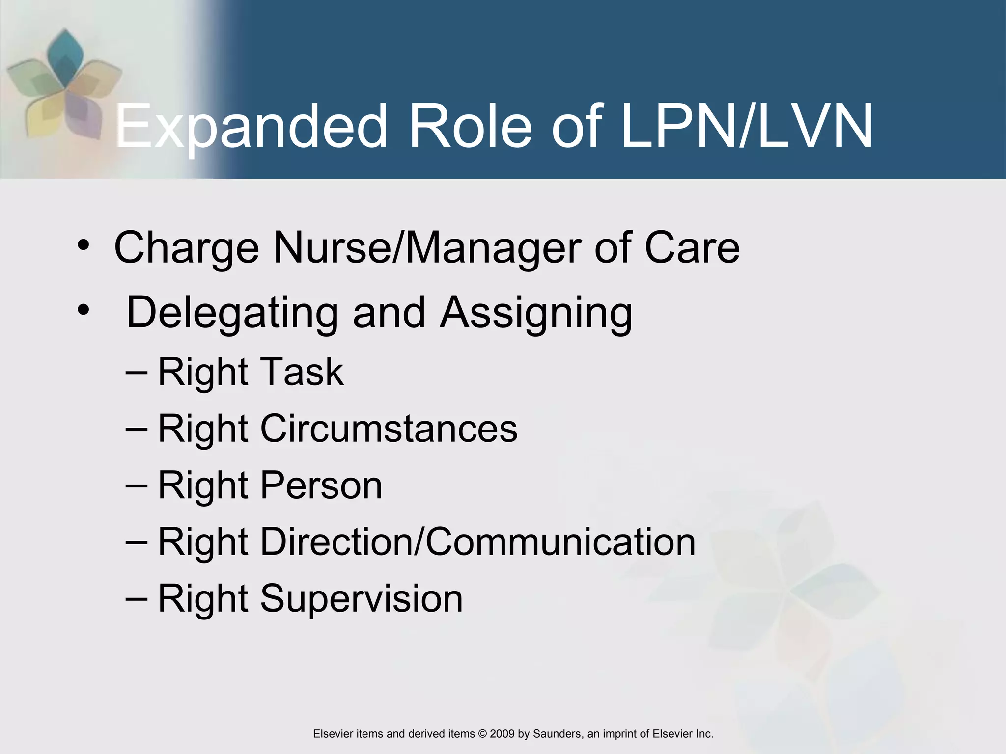 Expanded Role of LPN/LVN  Charge Nurse/Manager of Care Delegating and Assigning Right Task  Right Circumstances  Right Person  Right Direction/Communication  Right Supervision  