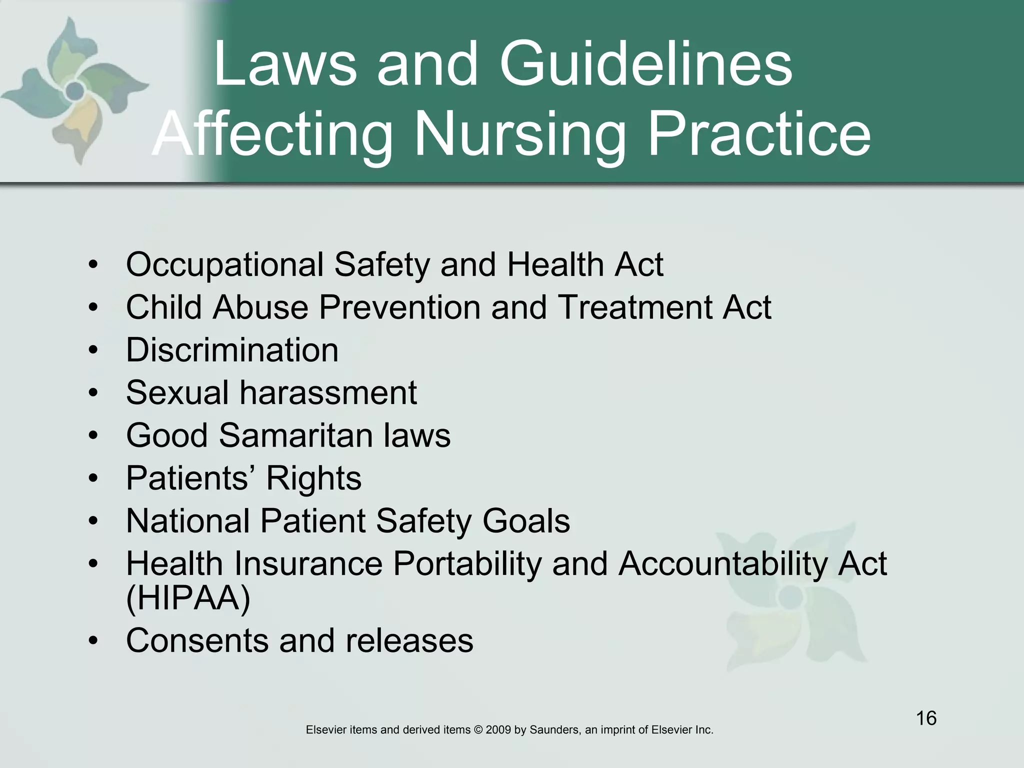 Laws and Guidelines  Affecting Nursing Practice Occupational Safety and Health Act Child Abuse Prevention and Treatment Act  Discrimination Sexual harassment Good Samaritan laws Patients’ Rights National Patient Safety Goals Health Insurance Portability and Accountability Act (HIPAA) Consents and releases 