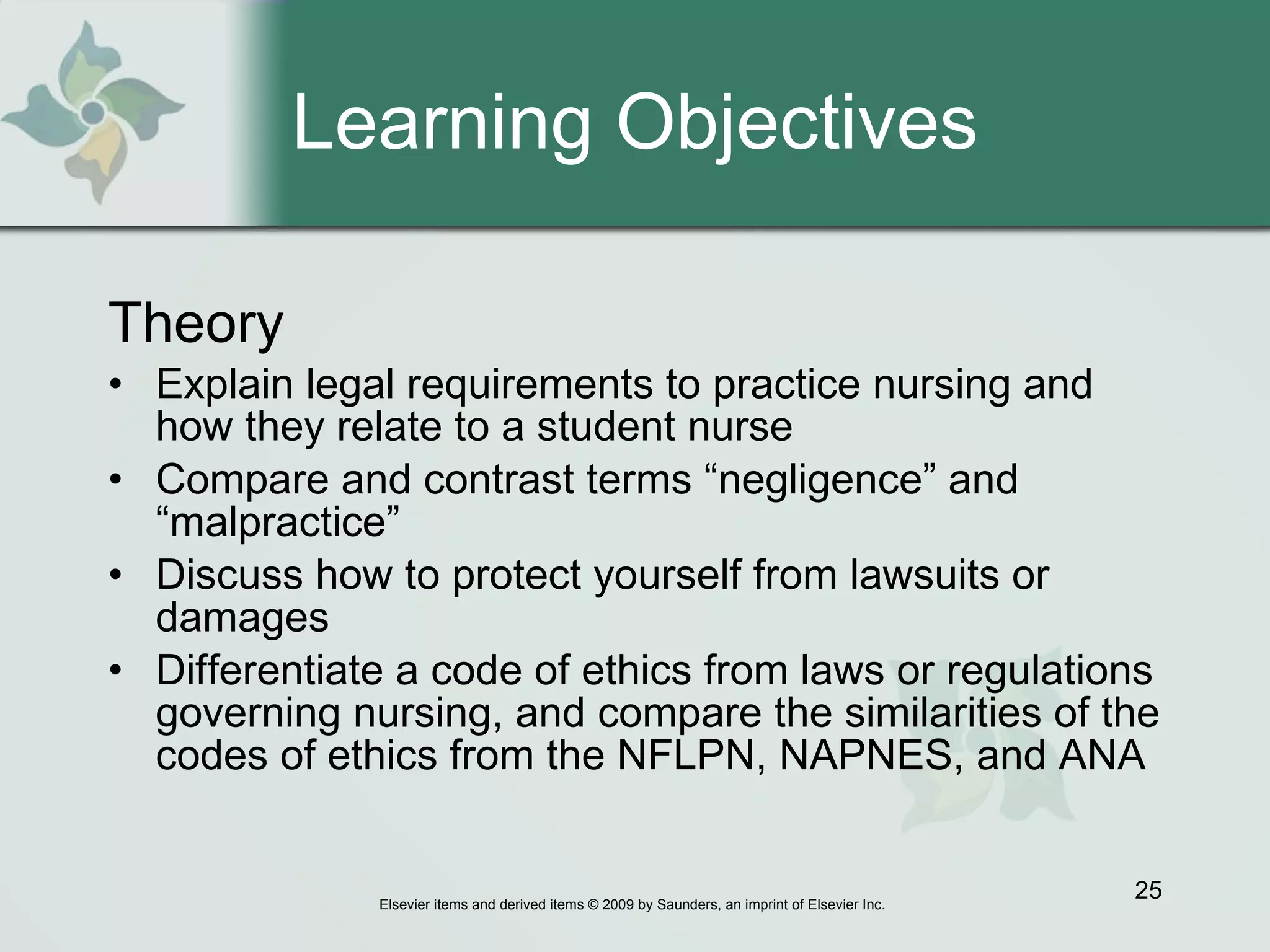 Learning Objectives Theory Explain legal requirements to practice nursing and how they relate to a student nurse Compare and contrast terms “negligence” and “malpractice” Discuss how to protect yourself from lawsuits or damages  Differentiate a code of ethics from laws or regulations governing nursing, and compare the similarities of the codes of ethics from the NFLPN, NAPNES, and ANA 